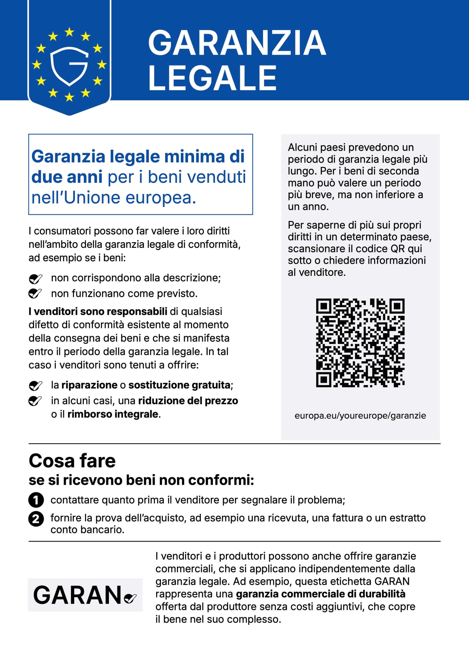 Avviso armonizzato sulla garanzia legale di conformità, garanzia minima di due anni per i beni venduti nell'UE